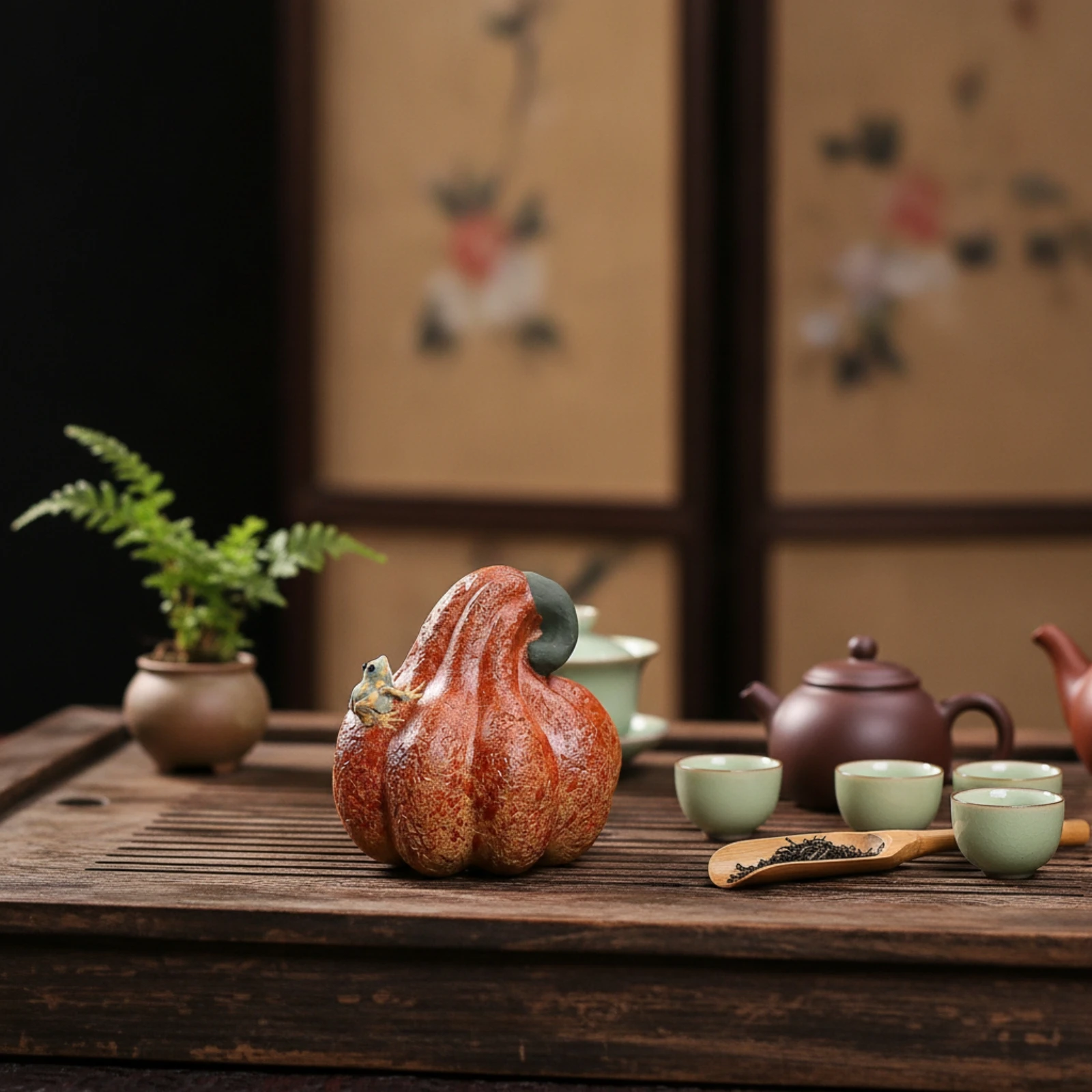 Pumpkin Tea Pet Lobed Tea Pet with Frog Frog Figurine Hollow Decoration Realistic for Collectors, Display Shelf