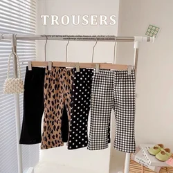 Girls Flare Pants Cotton Casual Trousers Leopard Solid Plaid Point Summer Pants for Girls Slim Elasticity Trousers Kids Pant