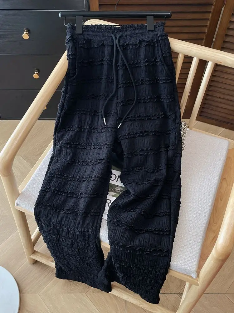 

plus Size Women's High Waist Wide Leg Pants Vintage Wood Grain Casual Summer Straight Cut Long Trousers for Heavy Girls