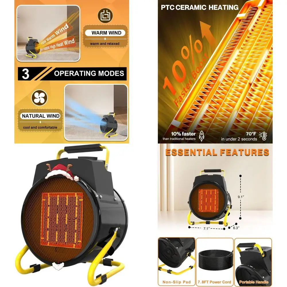 

Портативный уличный обогреватель мощностью 1500 Вт с защитой от перегрева, быстрым нагревом и нескользящим основанием для гаража, спальни, офиса