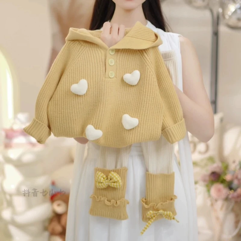 

Girls Set Autumn Sweet Style Candy Colored Short Sweater Baby Girls Three-dimensional Heart Cardigan Jacket Pant Two Piece Set
