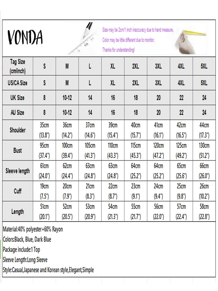 VONDA Fashion Shirts Women Long Puff Sleeve Casual Solid Blouse Spring Autumn Peter Pan Collar Elegant Office Lady Female Tops