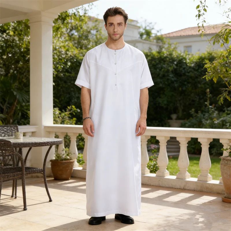 

Islamic Clothing Men Muslim Jubba Thobe Ramadan Pakistan Saudi Arabia Abaya Dubai Short Sleeve Kaftan Muslim Dress Eid Abayas