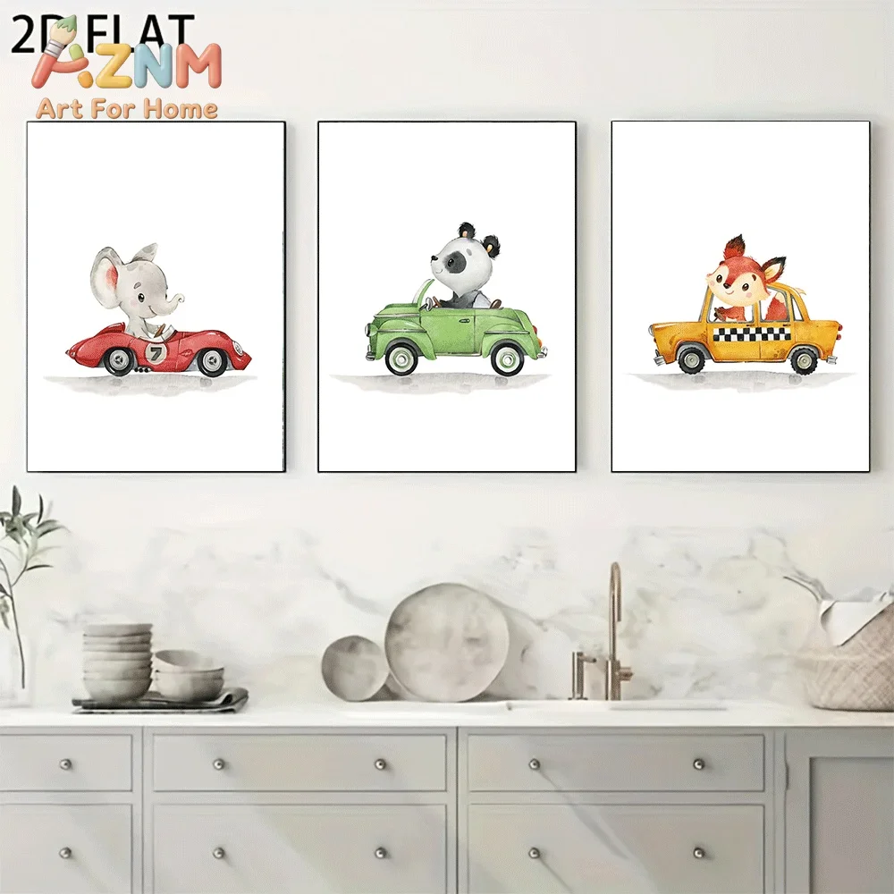 AZNM Watercolor Elephant Panda Fox Driving Retro Car Canvas Wall Art, Cute Cartoon Animal Vintage Race Car Taxi Illustration Pri