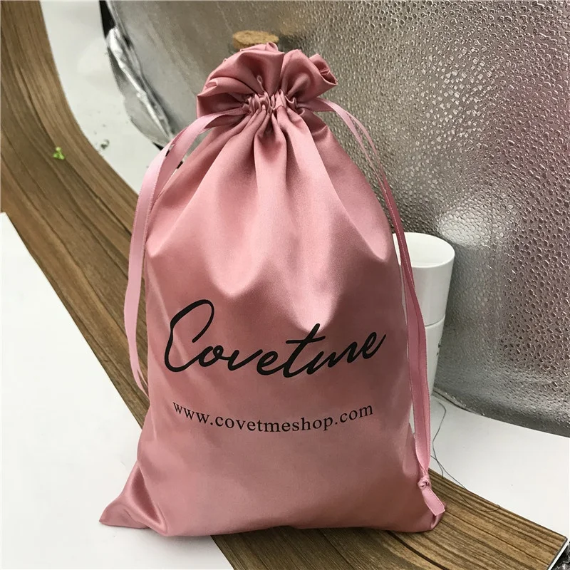 Satin Drawstring Luxry Gift Bag Makeup Shoes Clothes Virgin Hair Extensions Wigs Packaging Bags Storage Custom Logo 20PCS