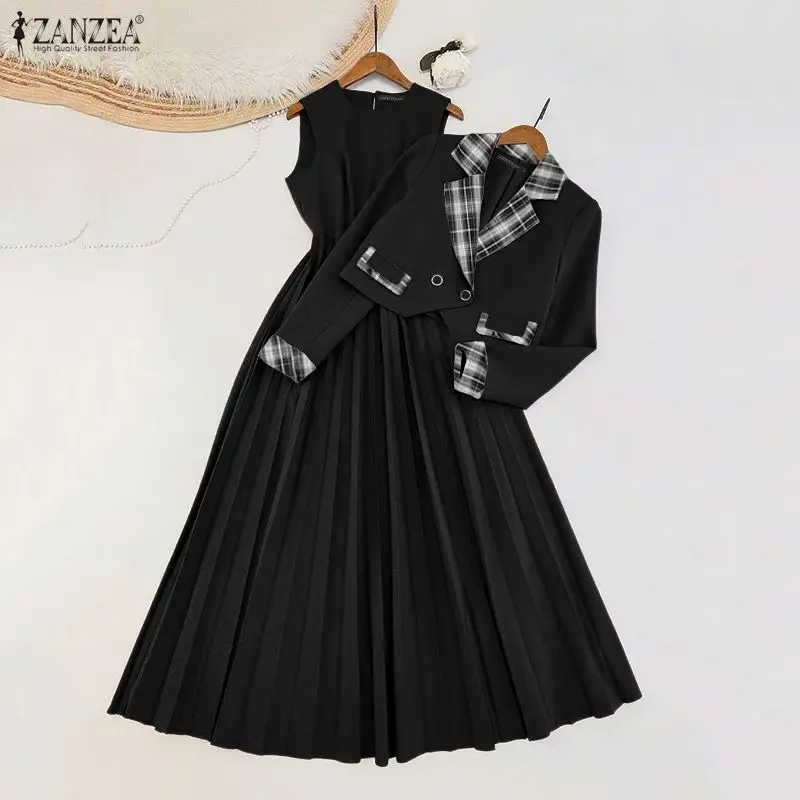 

ZANZEA модные комплекты повседневных платьев из 2 предметов, женские весенние элегантные длинные платья без рукавов и клетчатые рубашки с длинными рукавами, плиссированные наряды