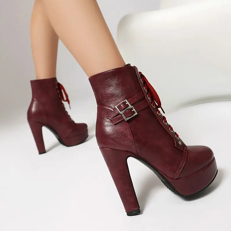 REAVE CAT-Botines blancos con punta redonda para mujer, tacones altos de 11,5 cm, plataforma de 3cm con cordones, hebilla de cinturón de talla grande 42 43, Botas sexis de fiesta