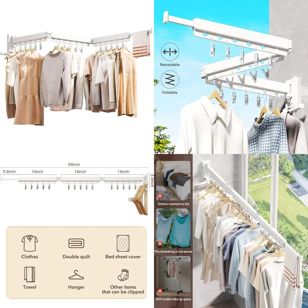 رف تجفيف الملابس القابل للطي المثبت على الحائط قابل للسحب للغسيل والتخزين