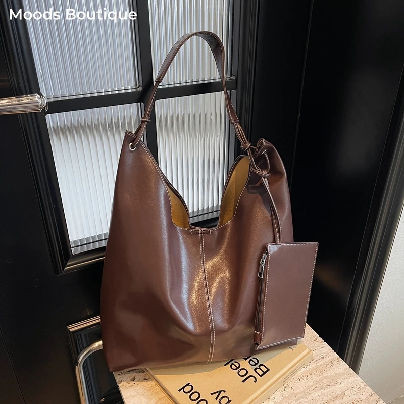 MOODS سعة كبيرة للمتسوقين حمل حقيبة مجموعة للنساء لينة بولي Leather جلد لون نقي 2 في 1 تحت الإبط حقائب الكتف المتشرد مع الحقيبة الصغيرة #1