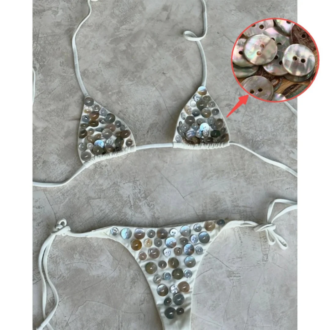 

Новое летнее бикини без подушки на груди, веревочное бикини, красочное украшение на пуговицах в виде ракушки, пляжный купальник с горячими источниками