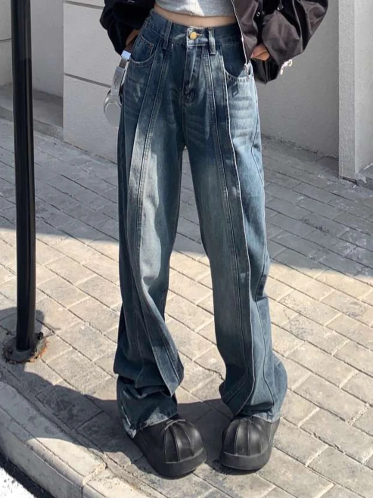 

2024 Woman Fashion High Waist Split Joint High Street Trousers Female Simplicity Loose Niche Washed Wide Leg Straight Leg Jeans