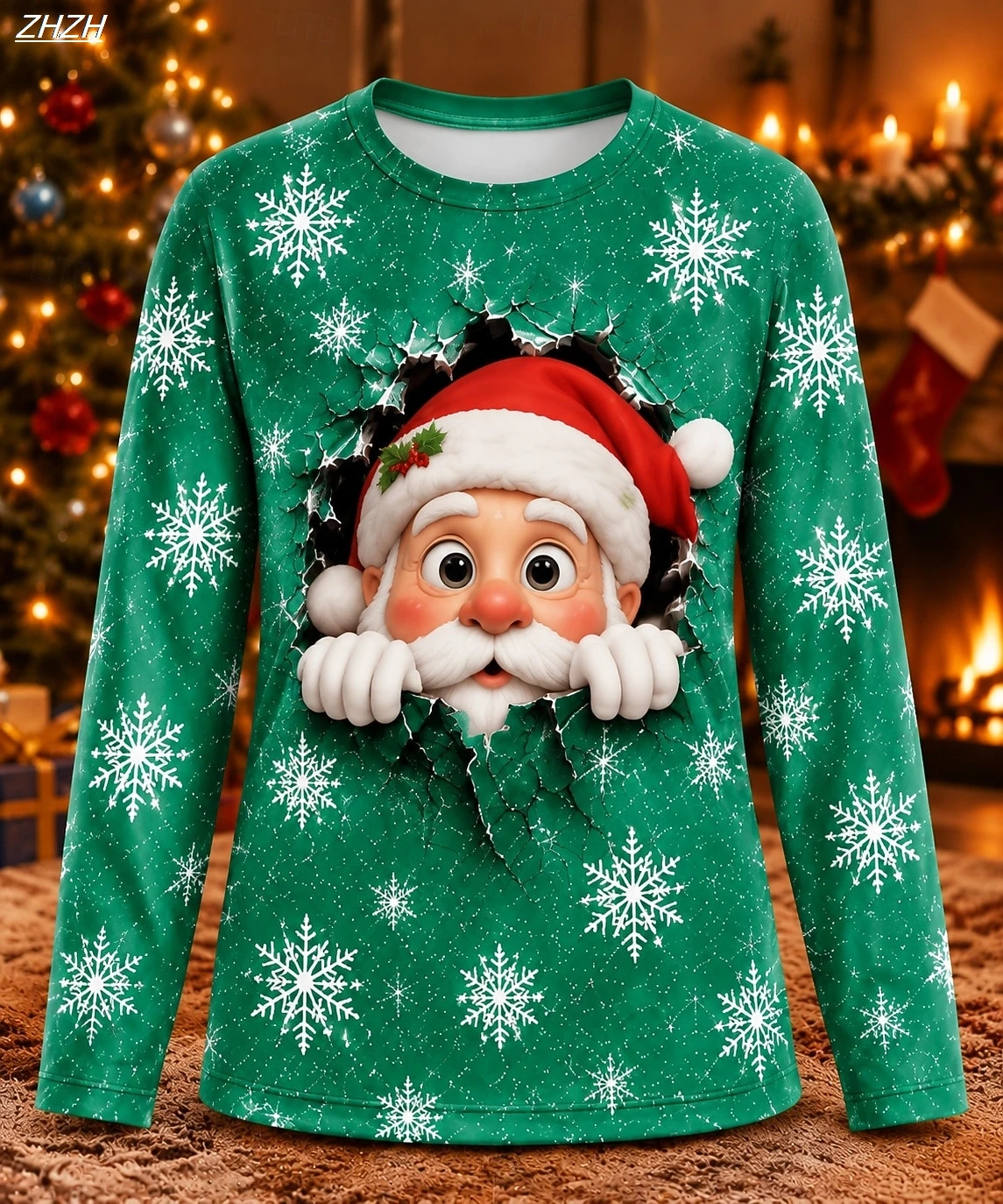 Funny Break Through Santa Claus 3D Print Women Long Sleeve T‑Shirt Christmas Party Tops