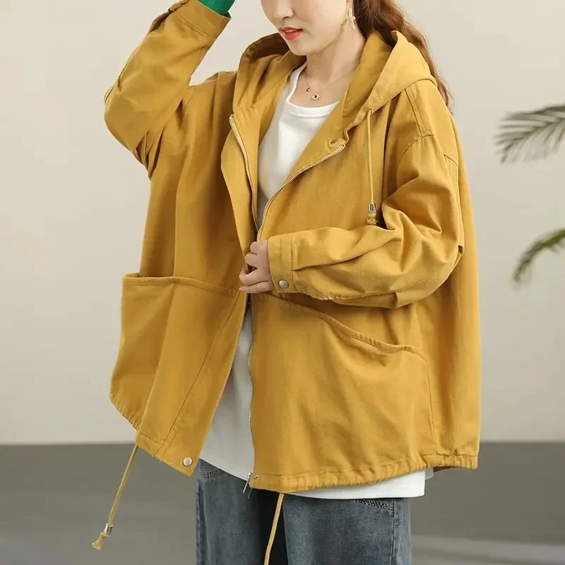 

Cotton Windbreaker Women Overcoat 2024 Spring Autumn New Irregular Drawstring Korean Loose Hooded Trench Coat Female Outerwer