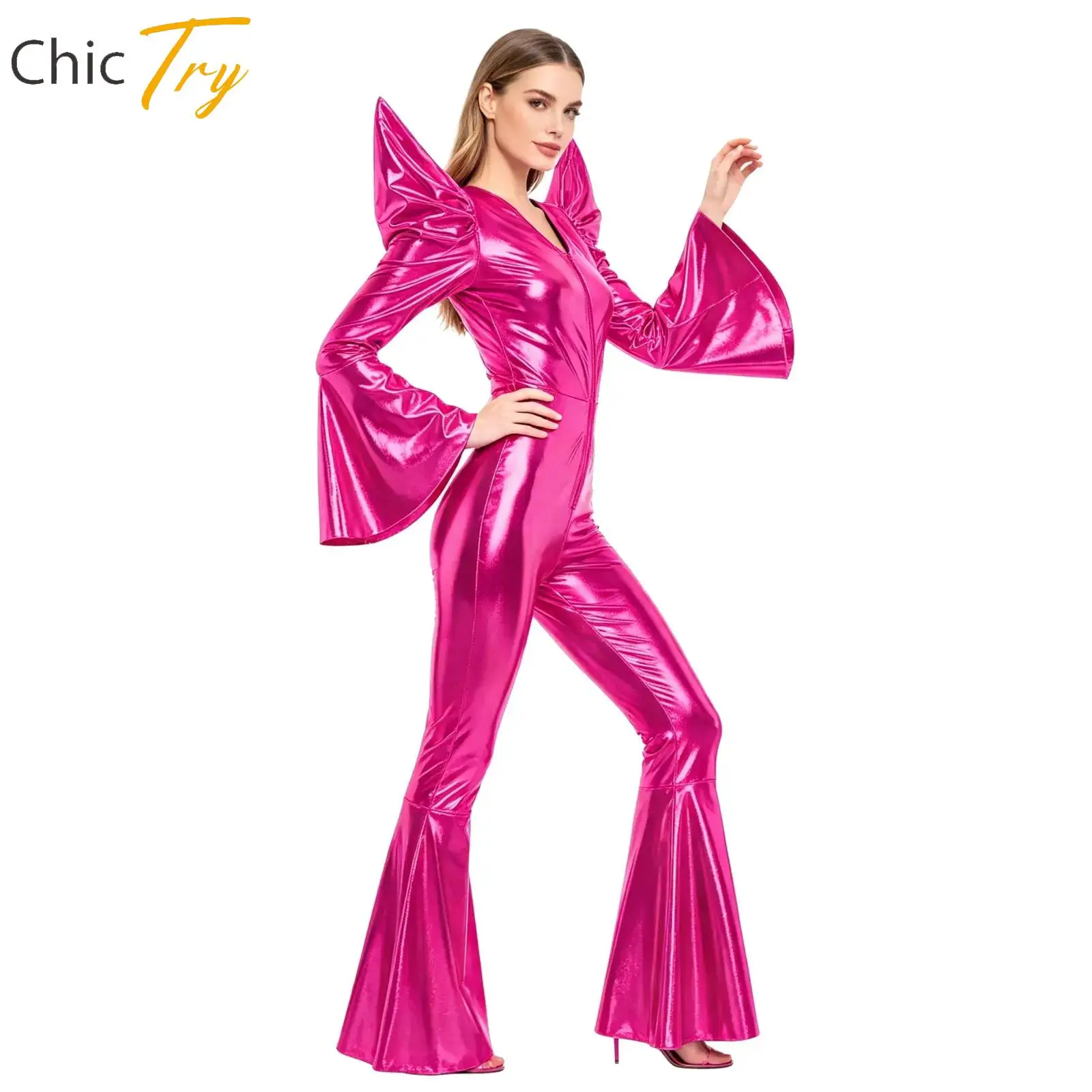 Women Halloween Party Space Alien Robot Cosplay Costume Shiny Metallic Disco Jumpsuit Long Sleeves High Waist Bell Bottom Romper