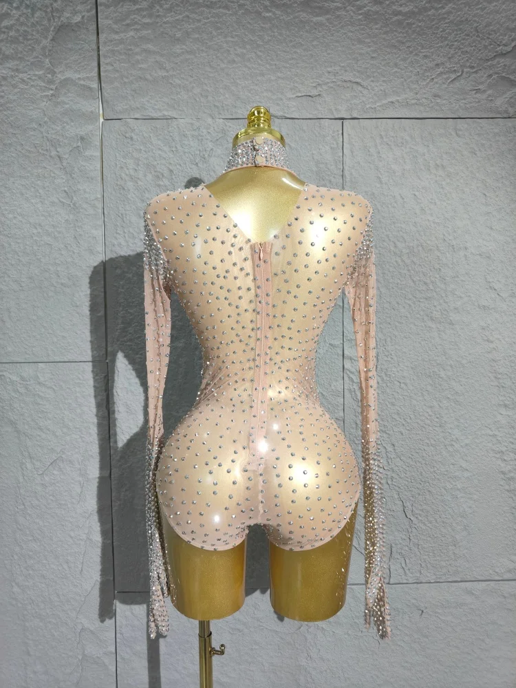 2025 Sparkly Silver Rhinestones Leotard Women Sexy Dance Bodysuit Performance Birthday Nightclub Party Outfit Show Stage Wear