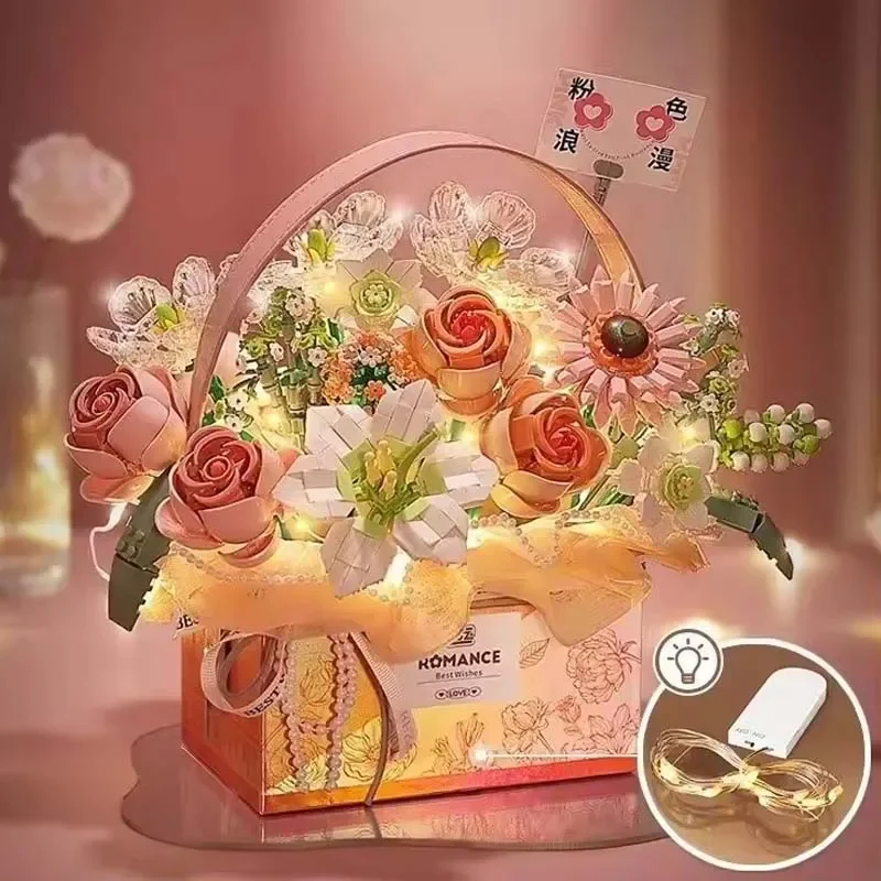 Eternal Pink Purple Rose Building Blocks Portable Bouquet Set With Storage Box DIY Floral Model For Kids Gifts And Home Ornament