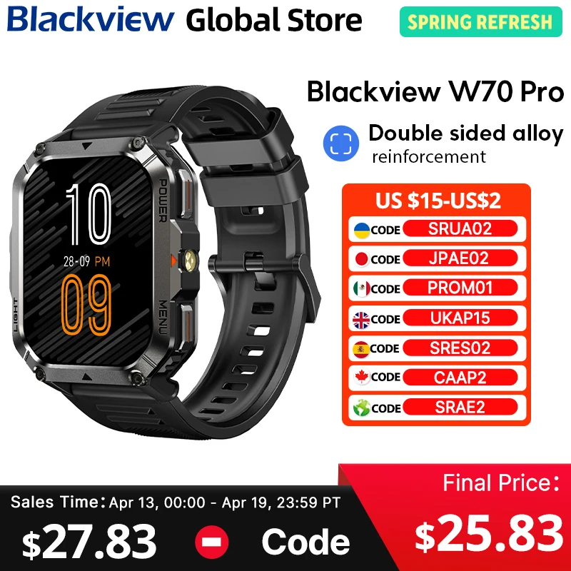 

2025 New Blackview W70 Pro Rugged SmartWatch 1.45 lnch Display 900mAh Outdoor With Emergency LED Lighting Compass 900mAh