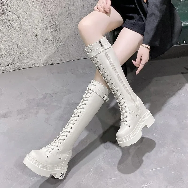10CM New Women Platform Knee High Boots Winter Warm Plush Long Boots Leather Motorcycle Boots Lace-up Chunky Sneakers High Heels