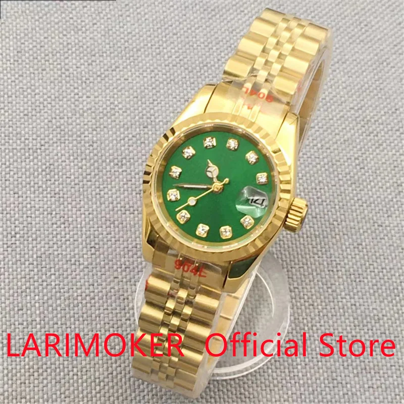 

26MM Black green Dial Diamond Index Automatic Nvshi Watch Sapphire Glass Gold Fluted Bezel Jubilee Bracelet