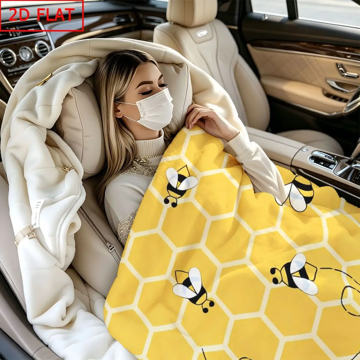 2D Flat Printing - 1pc Extra Large Flannel Blanket with Cute Bee And Honeycomb Theme Print - All-Season Ultra-Soft Blanket, Mach