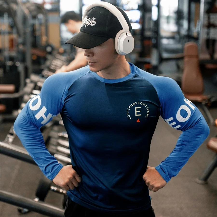 Men Bodybuilding Long Sleeve Shirt Male Casual Printing Skinny T-Shirt Gym Fitness Workout Tees Tops Running Quick Dry Clothing image 2