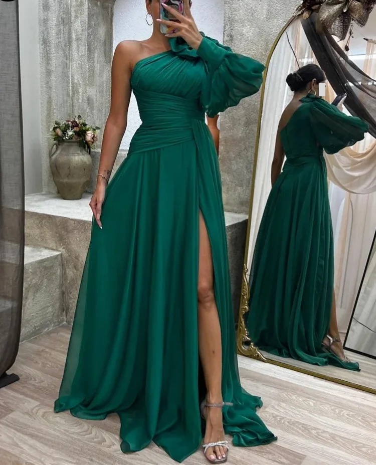 

Adore Customized Elegant One Shoulder Prom Dress Chiffon 3D-Flowers Beach Wedding Sexy Side Split Dresses Dinnerdance party