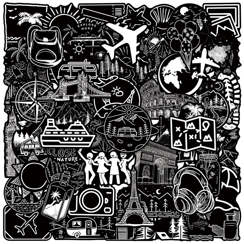 

10/30/50PCS Black White Travel PVC Sticky Sticker Aesthetic DIY Children's Decoration Scrapbooking School Supplies