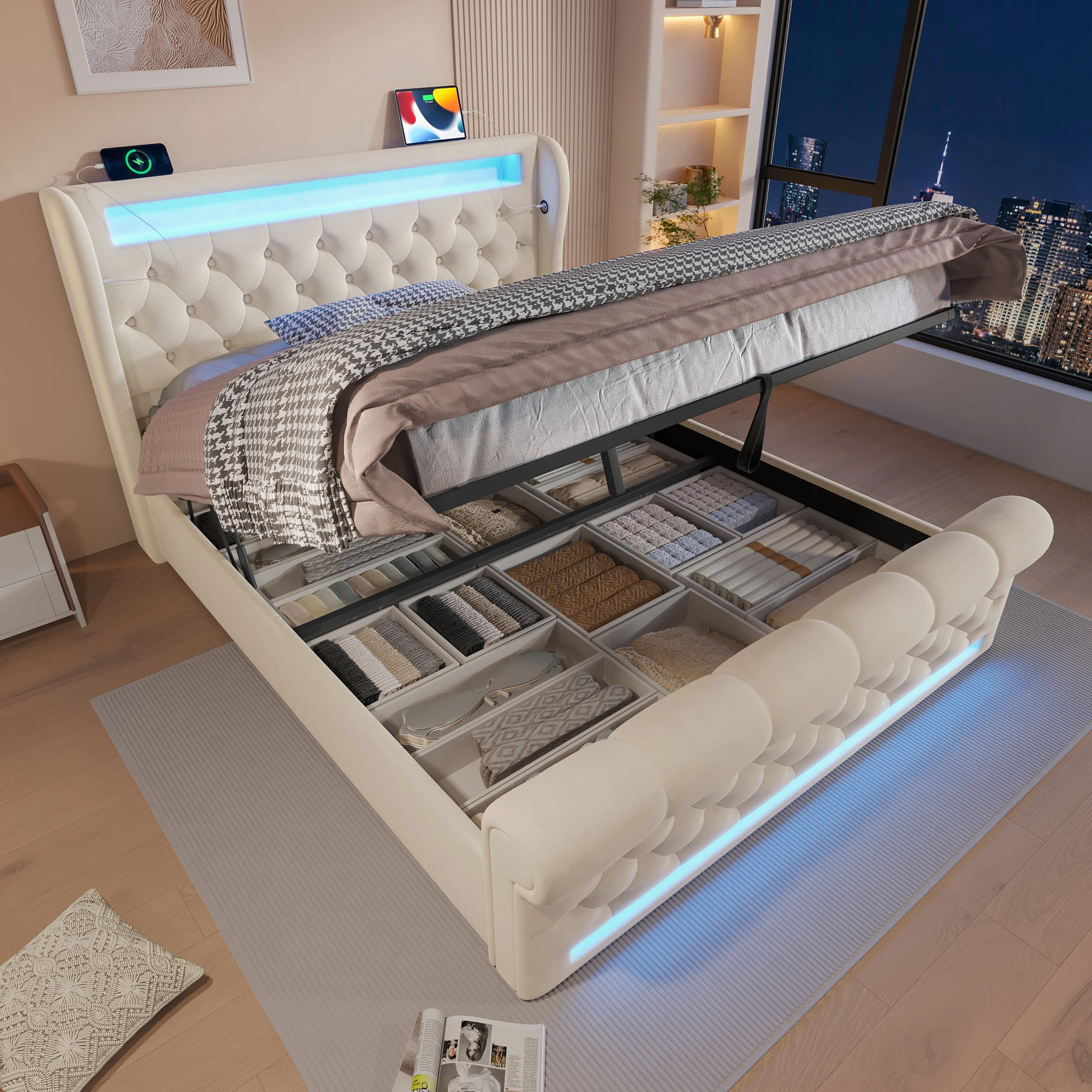 MODFU gestoffeerd bed 140x200 met bedbodem & opberghoofdbord LED & USB Beige zonder matras