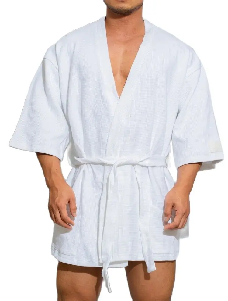 D. M Men\'s Bathrobe Short Solid 100%cotton Pajama Sexy Warm Leisure Home Bath Robe Men