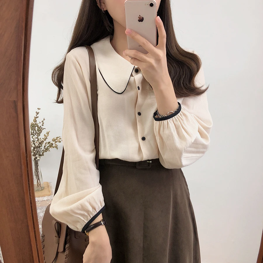 

Chic Long Sve Doll Collar irt for Women Student Pure Color Versatile Ne Button up Straight Cut Spring Summer irt