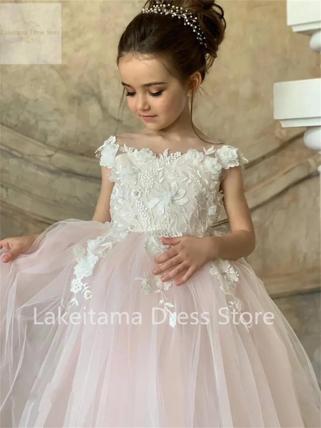 Pink Tulle Nude Neck Floor Sweeping Lace Applique Flower Girl Dress Cute Wedding Bridesmaid Birthday Celebration Eucharist Dress