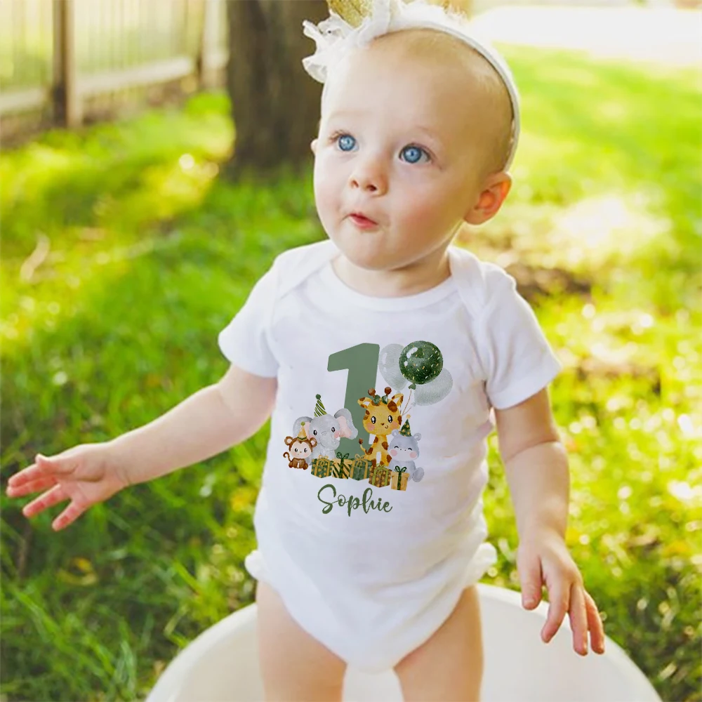 Personalized Baby Romper Safari Animal with Name Bodysuit Newborn Wild One Jumpsuit Outfit Baby Girls Clothes Infant Shower Gift