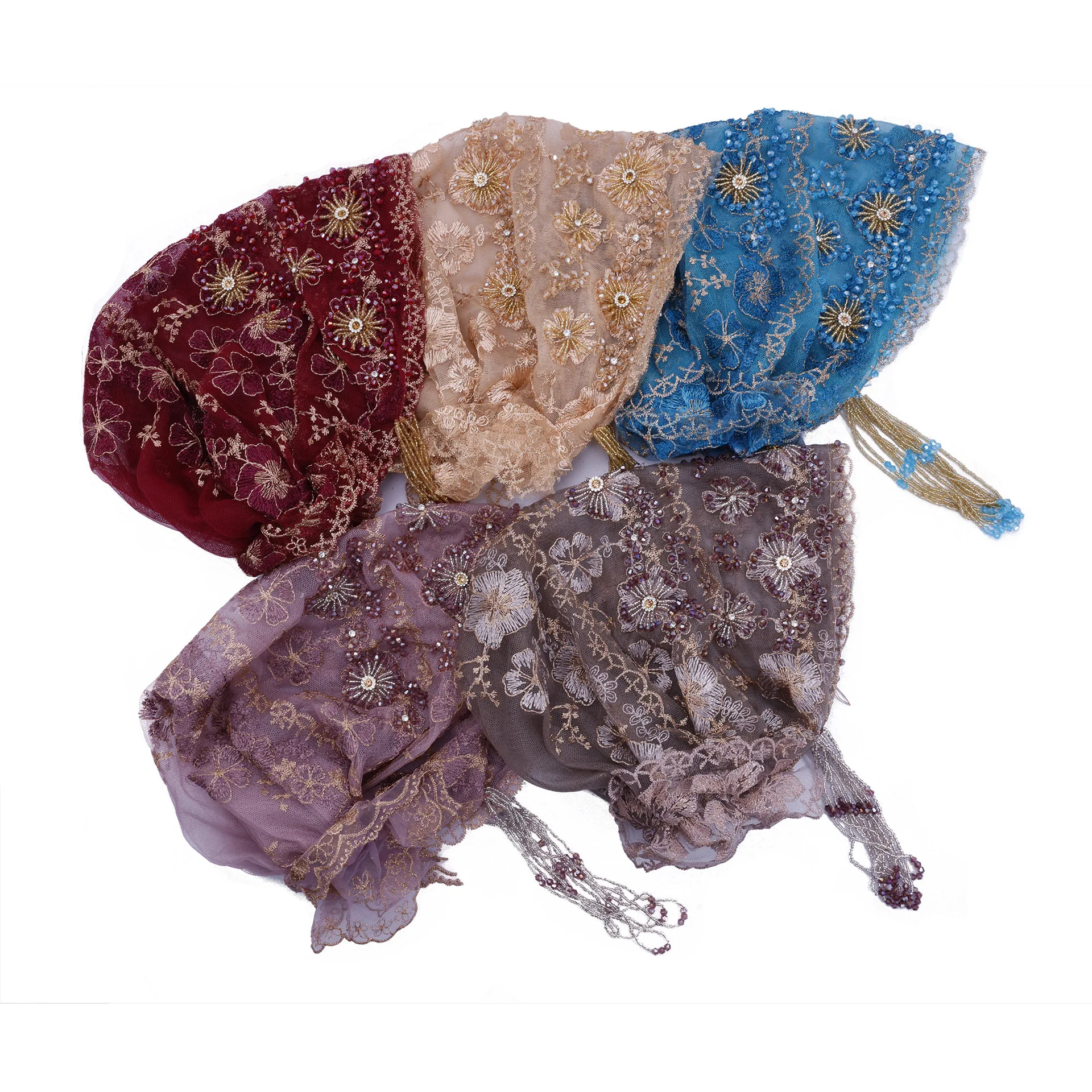 高級タッセル付きムスリムヒジャブ、ビーズ付きターバン、刺繍レースハット、メッシュダイヤモンド、女性用ボンネット、ビーニー、ヘッドスカーフ、ヘッドウェア、ターバンテ・ムヘール