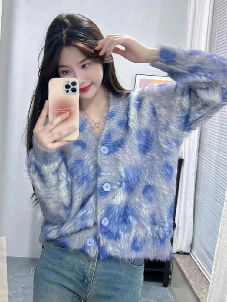 Korean Lazy Plush Knitted Cardigan Sweater Female Top 2024 Spring and Autumn Season Long Sleeve V Neck Soft Knit Sweater Female