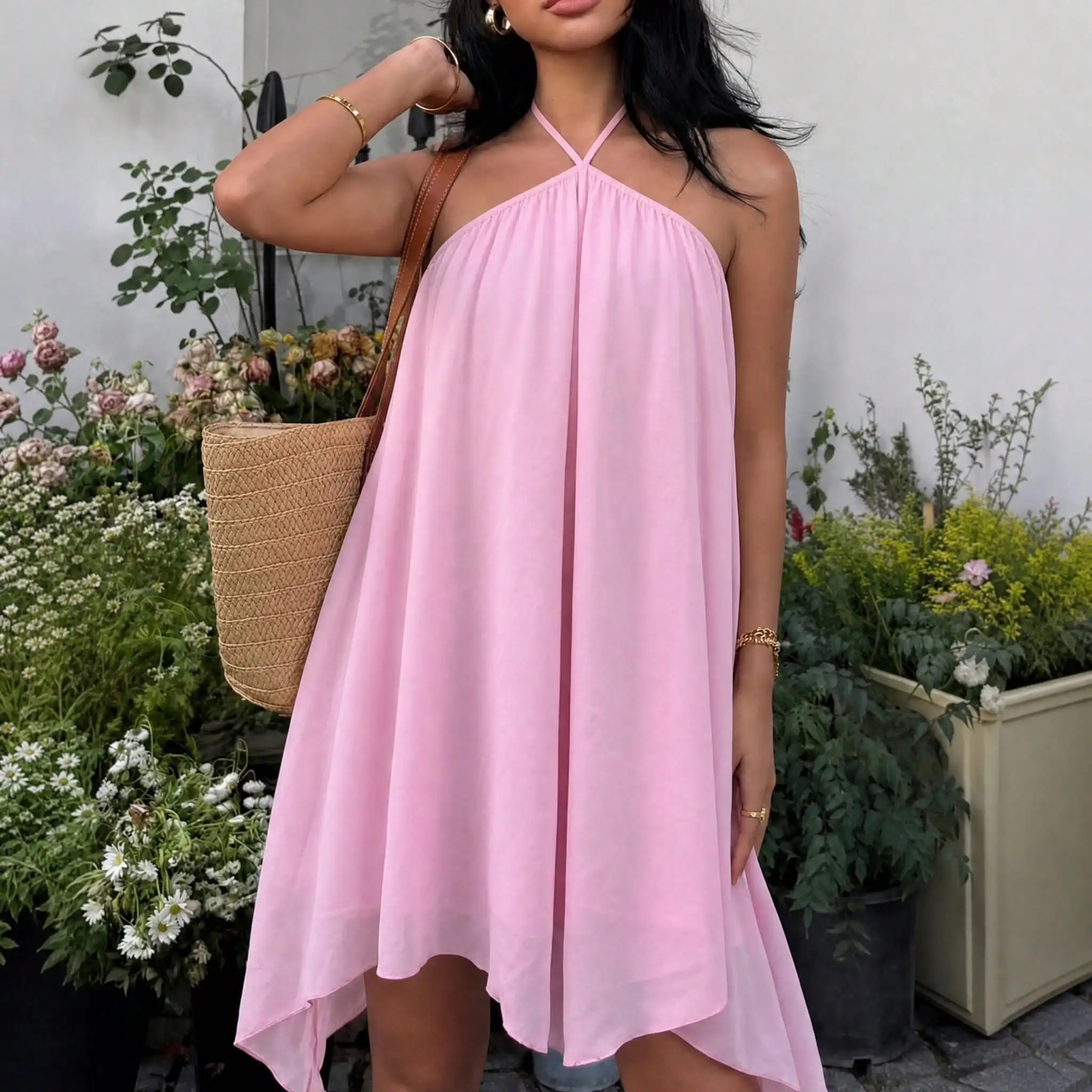 Robes pour femmes 2026 Nouvelle collection été Robe sans manches à col halter pour femme Robe mini A-LINE à lacets Robes d'été pour femme P3207