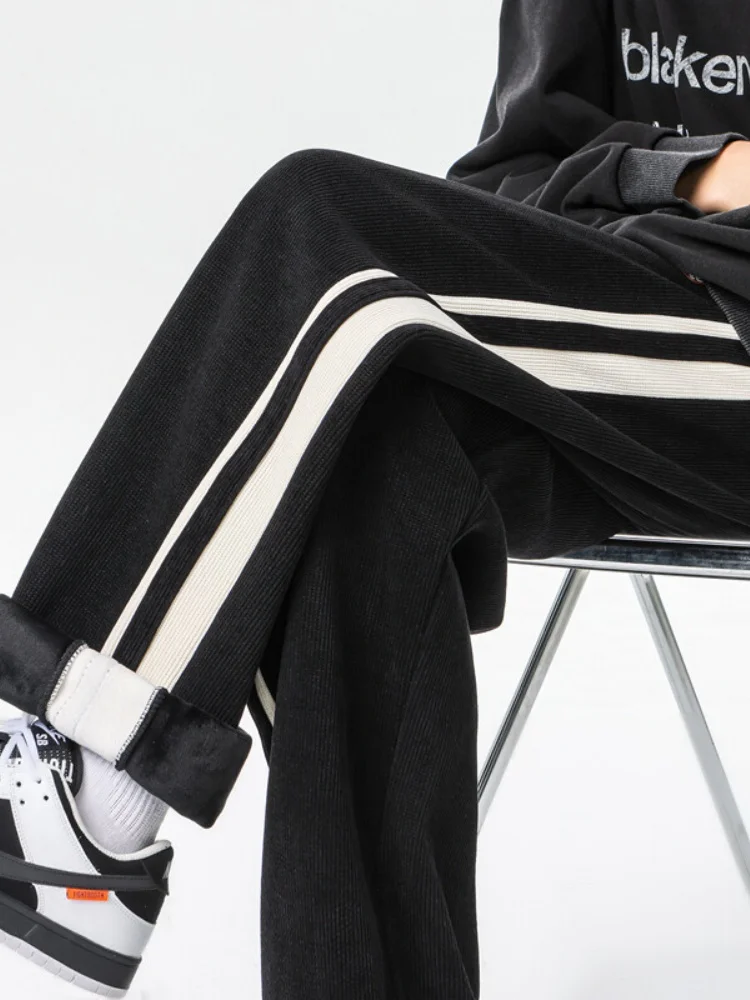 

Thiened Fce Lined Corduroy Men's Winter Pants Straight Leg Wide Leg Casual Trousers American Retro Striped Loose Fit