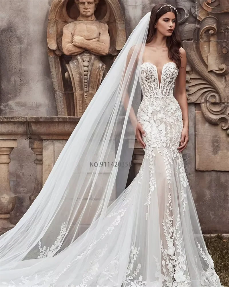 Customized Modest Sweetheart Neckline Wedding Dresses Off The Shoulder Lace Appliques Sweep Train Mermaid Bridal Gowns