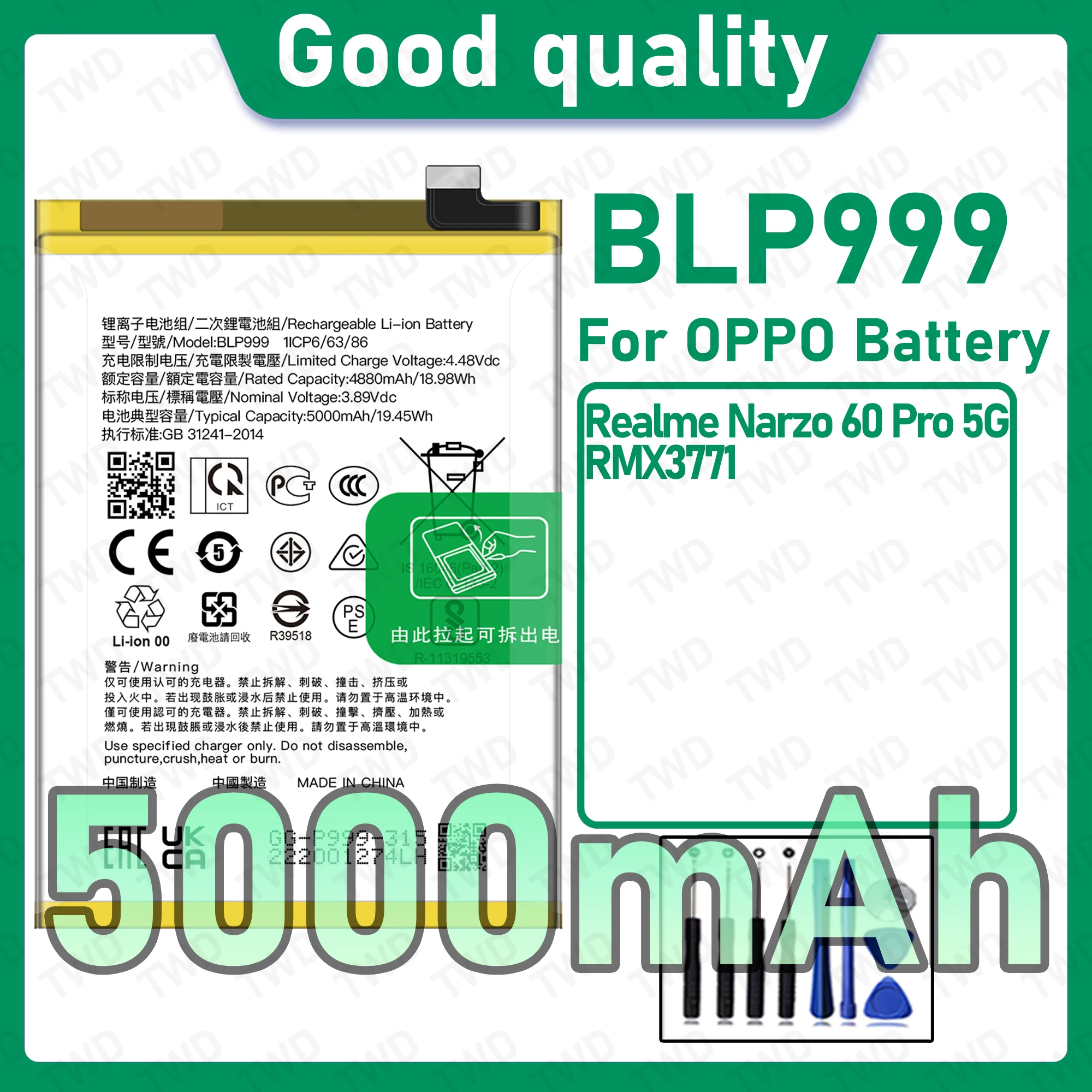 BLP999 Brand New High Capacity Rechargeable Li-ion Replacement Battery For OPPO Realme Narzo 60 Pro 5G RMX3771 Bateria+Free Tool