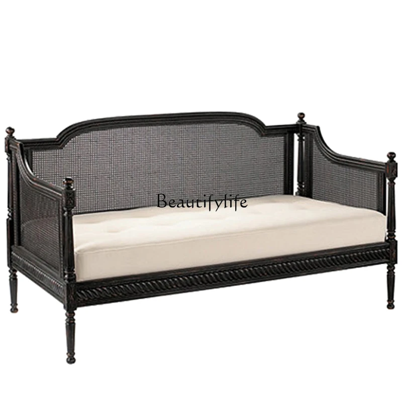 

French country rattan art wood carving flower living room white old three sofa