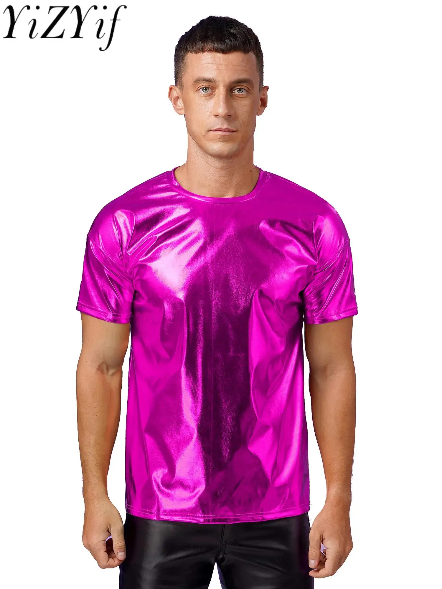 Mens Metallic Shinny Rave Dance Top Short Sleeve T-shirt Tops Round Neck Streetwear Music Festival Disco Pole Dance Clubwear