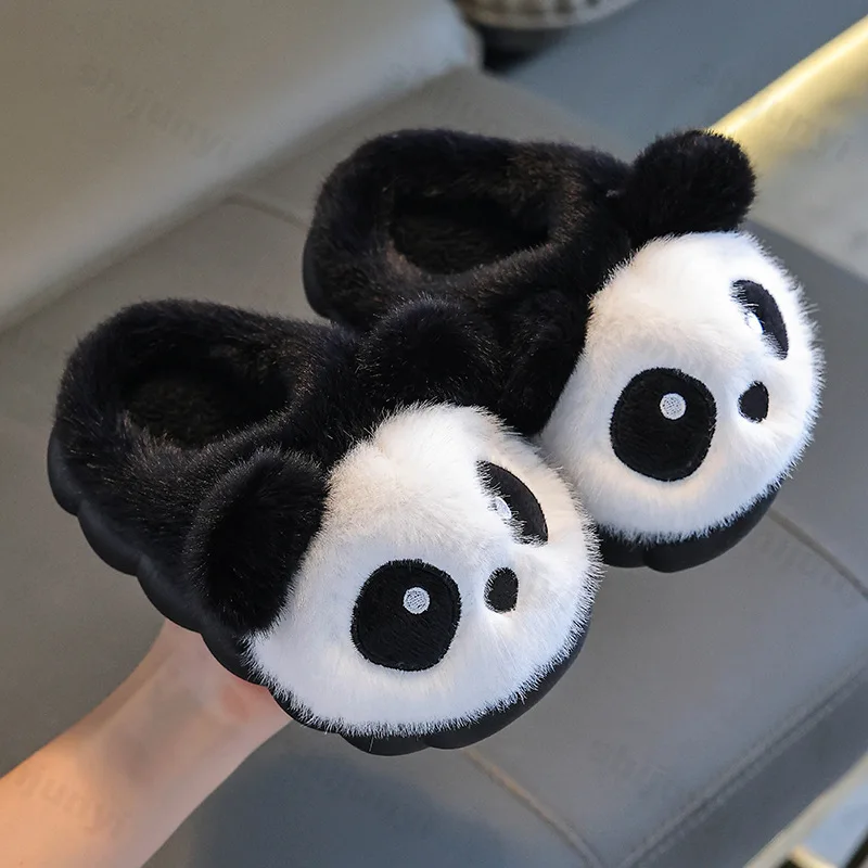 Children's Slippers Cute Panda Fluffy 2025 Winter New Cotton Slippers Warm Comfortable Indoor Cartoon Plush Floor Home Slippers