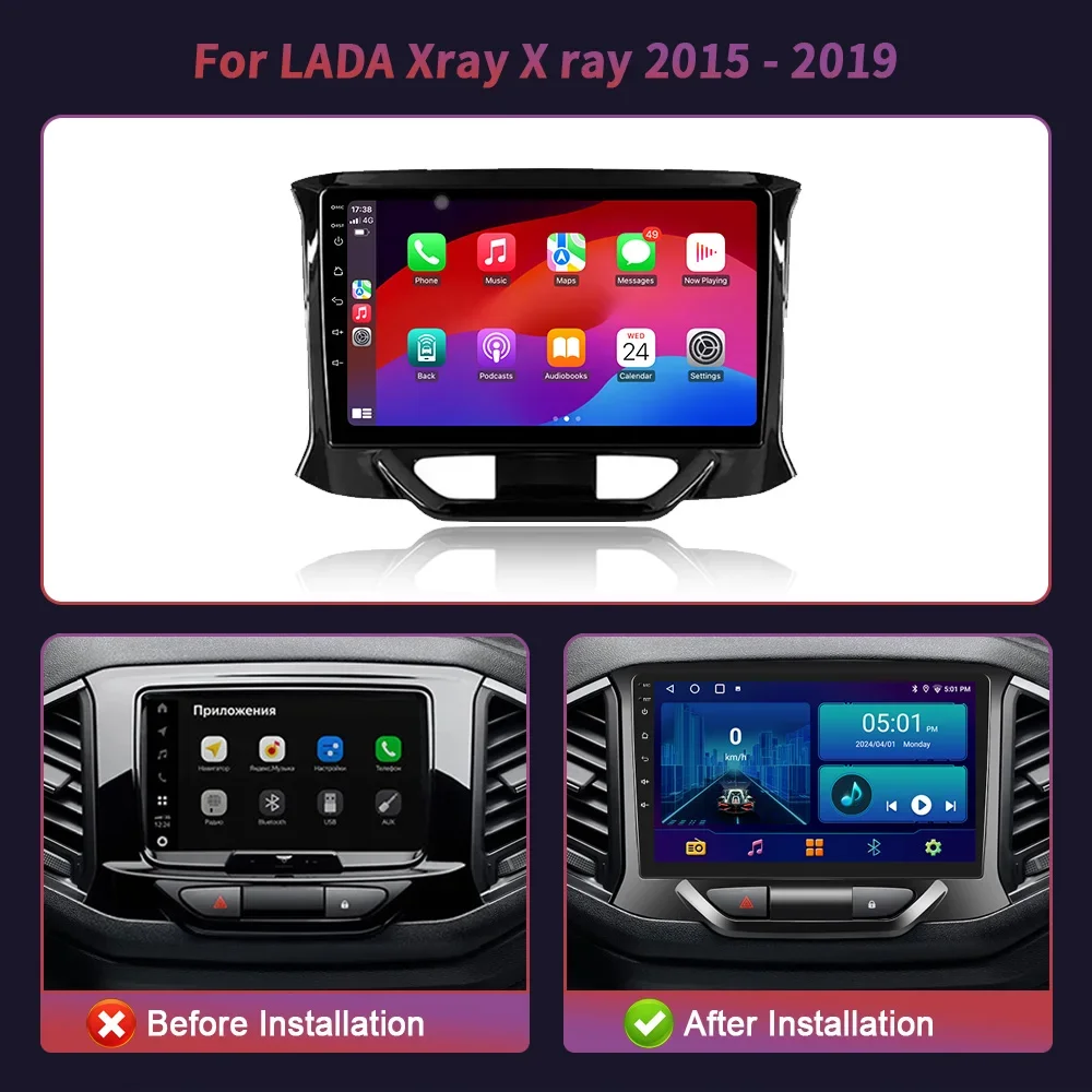 For LADA Xray X ray 2015-2019 Android 14 Wireless CarPlay Auto Car Radio Multimedia 4G WIFI GPS Camera Navigation 2 Din Screen