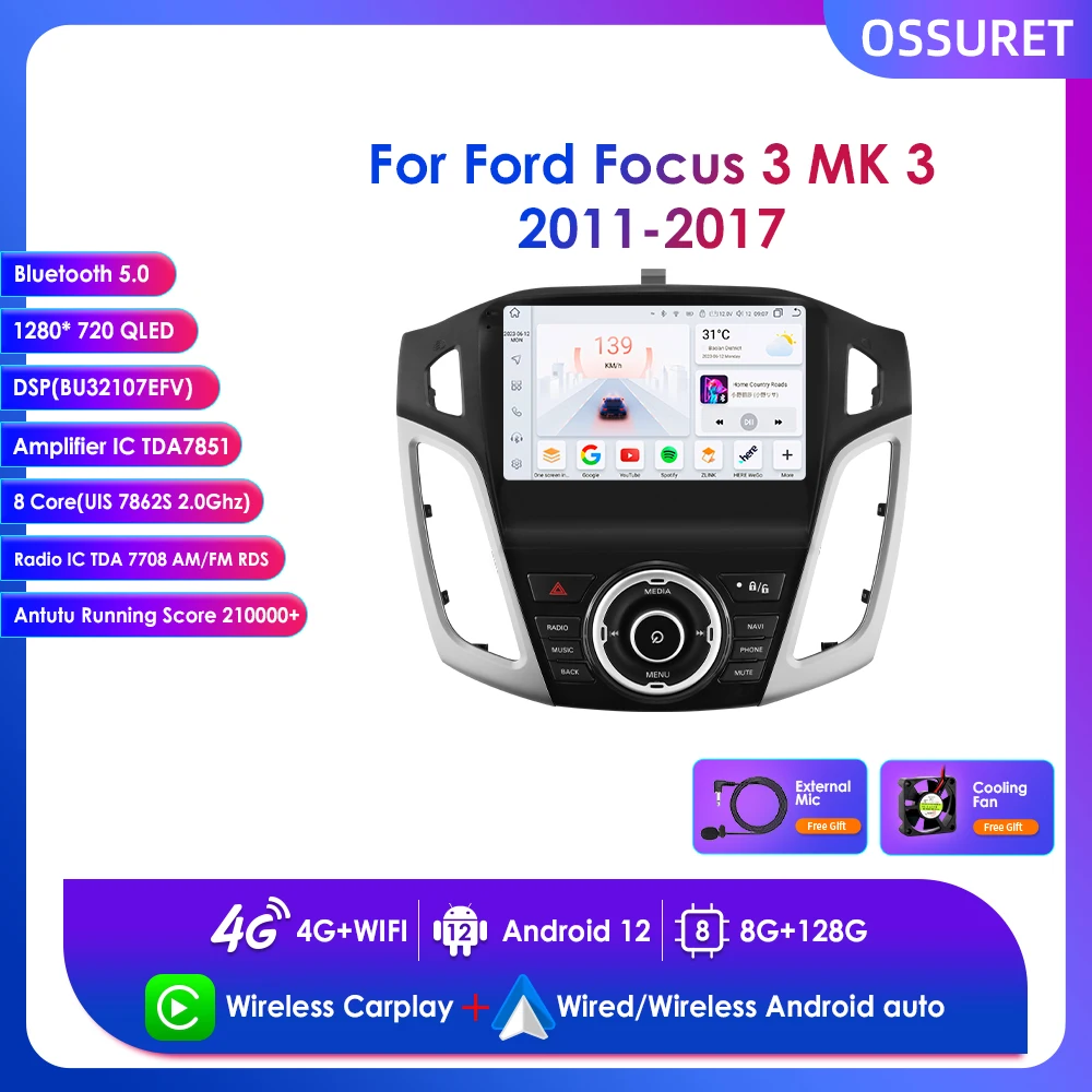 

9" Wireless Carplay QLED Screen Radio for Ford Focus 3 Mk3 2011-2017 Android Multimedia Car Navigation GPS RDS Stereo BT 4G 2din