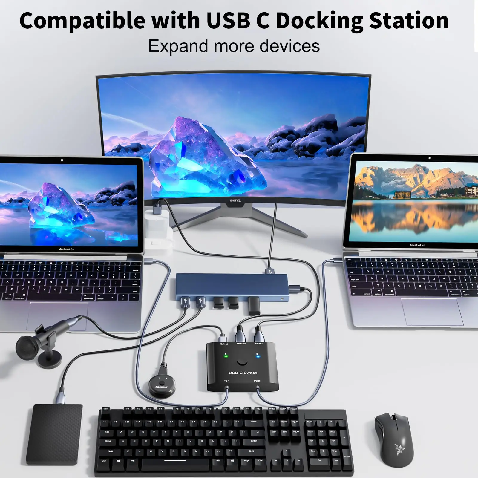 محول USB C 2 كمبيوتر، مفتاح KCEVE ثنائي الاتجاه USB من النوع C KVM 8K@60 هرتز 4K@120 هرتز فيديو/10 جيجابت في الثانية نقل البيانات/100 وات شحن