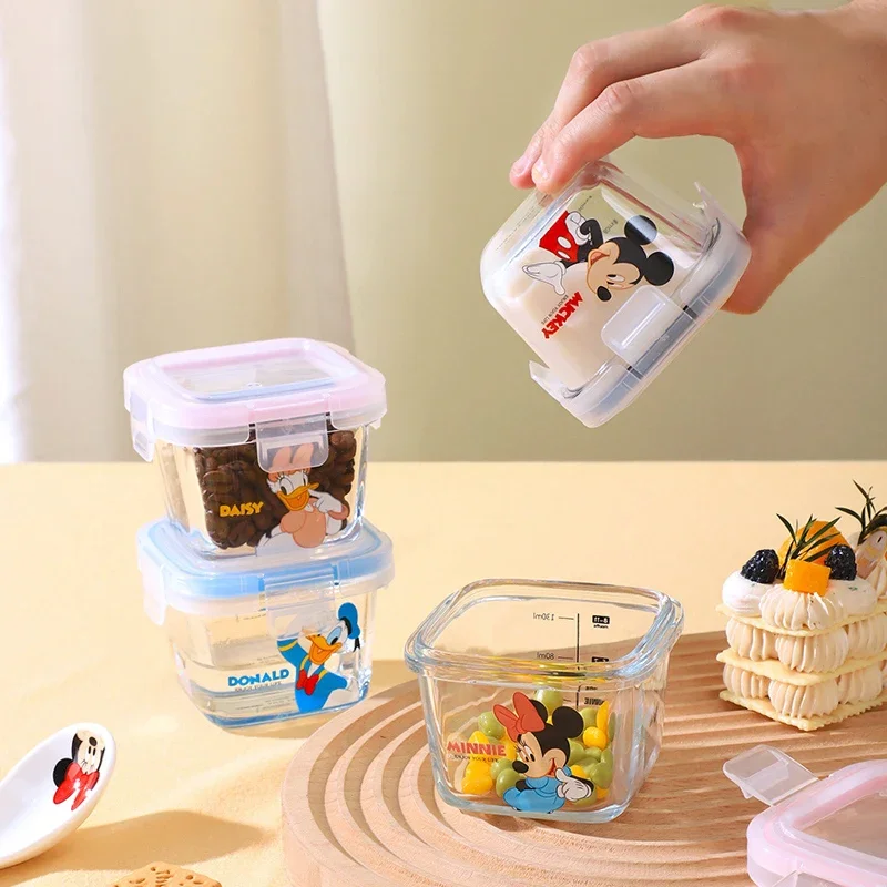 Disney Mickey Mouse Minnie Borosilicate Glass Lunch Box With Lid Square Microwave Oven Soup Box Cartoon Lunch Box 4pcs Gift