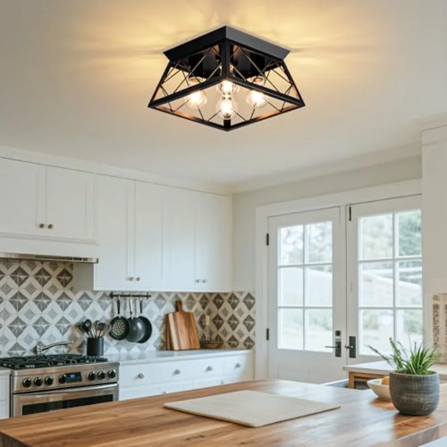 4-Lights Close to Ceiling Light, Black Industrial Ceiling Light Fixture for Dining Room, Kitchen, Living Room, Hallway, Entry,