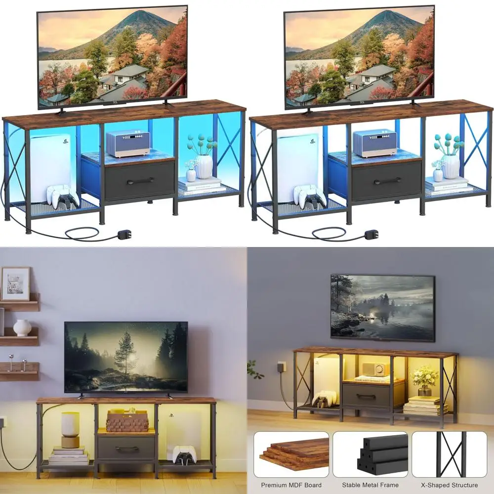 

Industrial Rustic Brown TV Stand for 50-55 Inch TVs with Open Shelves for Living Room or Bedroom