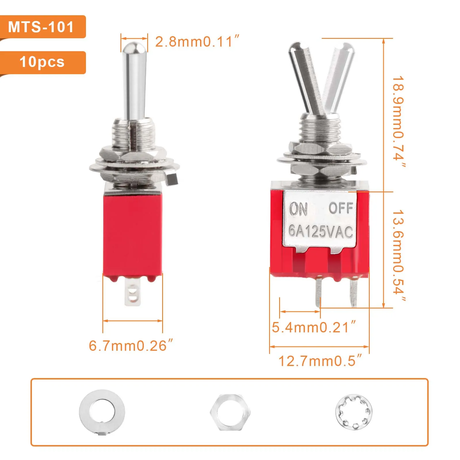 ミニチュアSPSTTオン/オフトグルスイッチ,2ポジション,2端子,Mts-101, 6a, 125v,3a, 250v,ダッシュボード,電子,10個