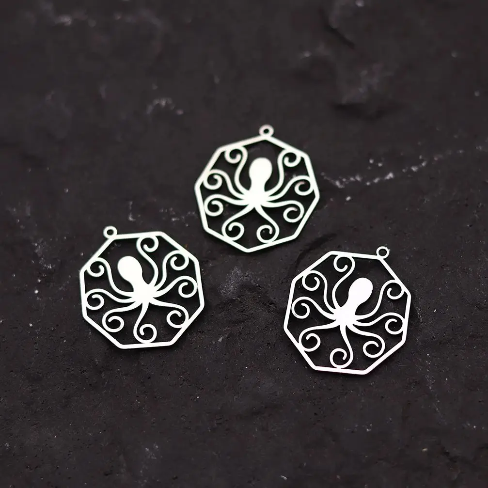 3pcs/lot Filigree Hollow Octagon Octopus Charms for Jewelry Making Tassel Earrings Stainless Steel Pendant DIY Handmade Supplies