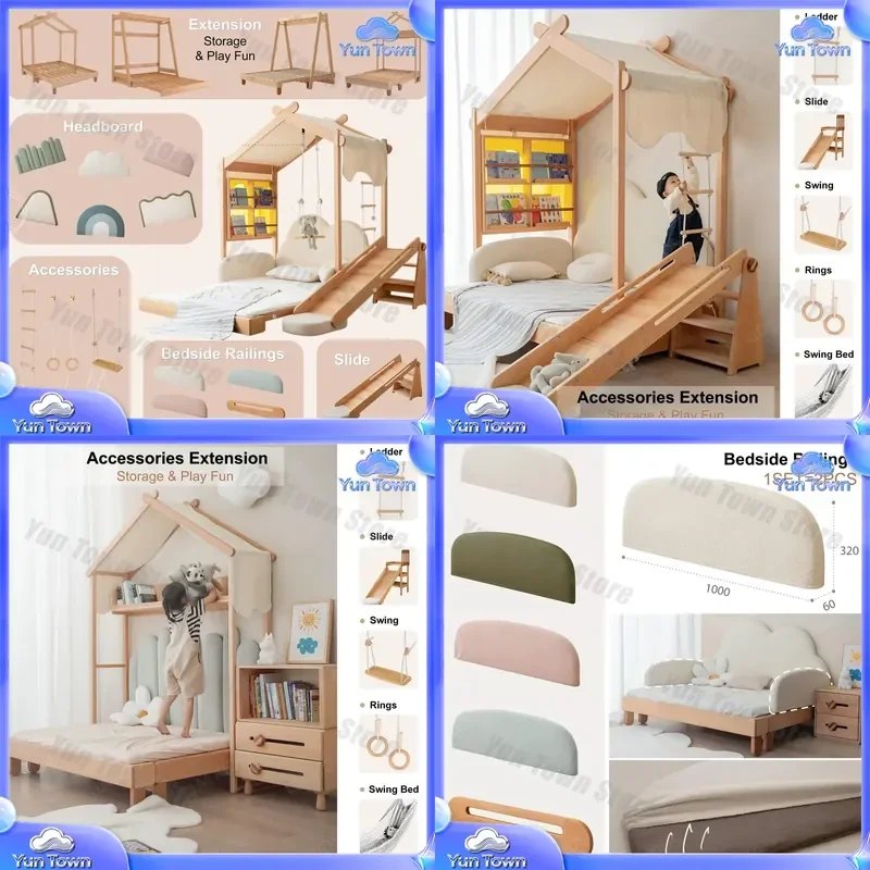 Nordisches Modernes Kinder-Doppelbett aus Massivholz, Umwandelbares Bettgestell für Kinderzimmer-Möbelsets mit Rutsche und Spielzelt